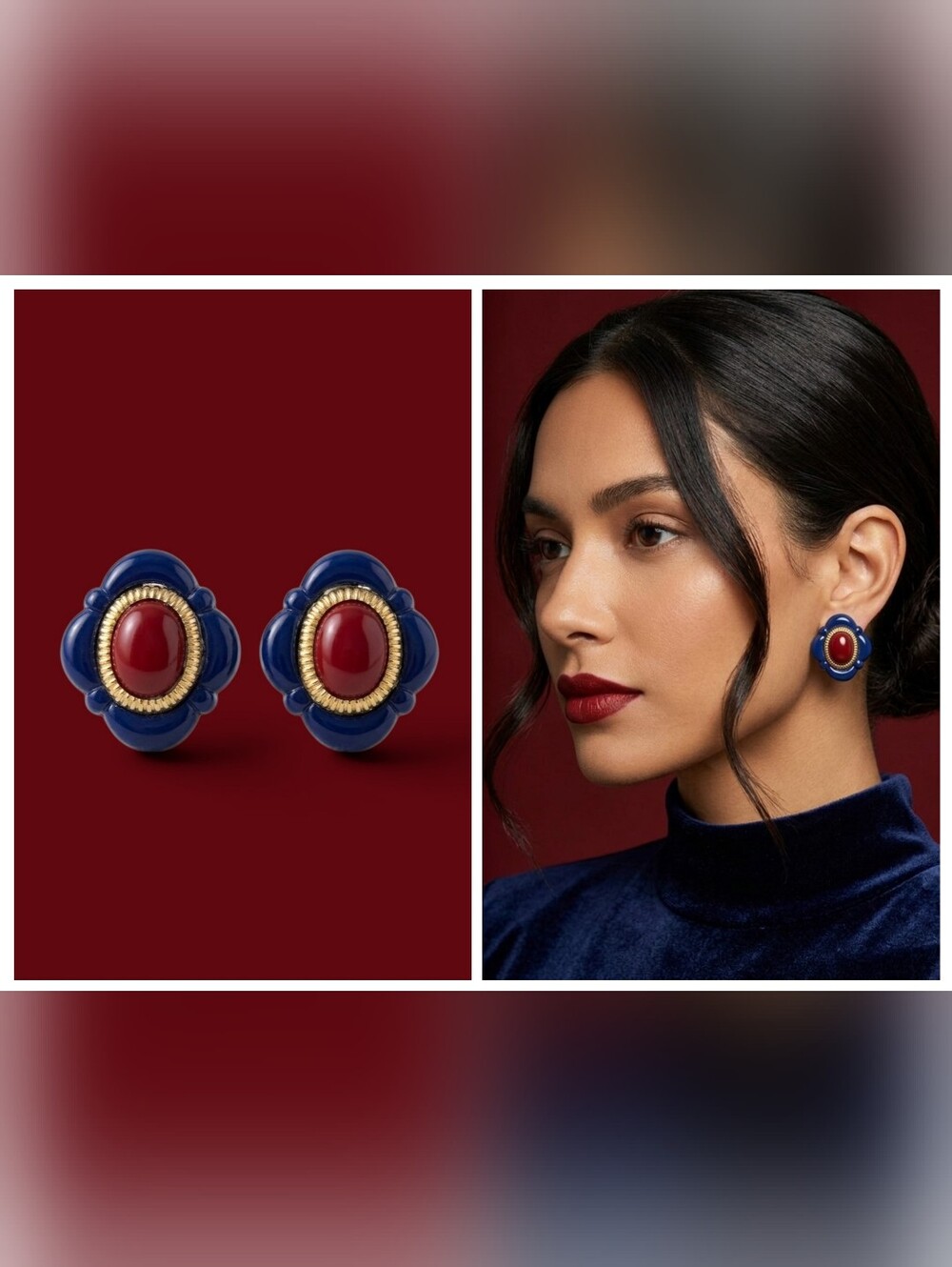 Avon Navy Blue and Red Gold-Accent Oval Stud Earrings